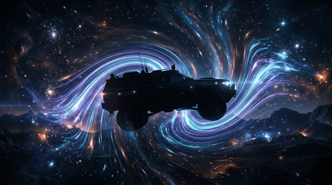 Silhouette of an armored vehicle crossing a glowing cosmic vortex with stars and galaxies