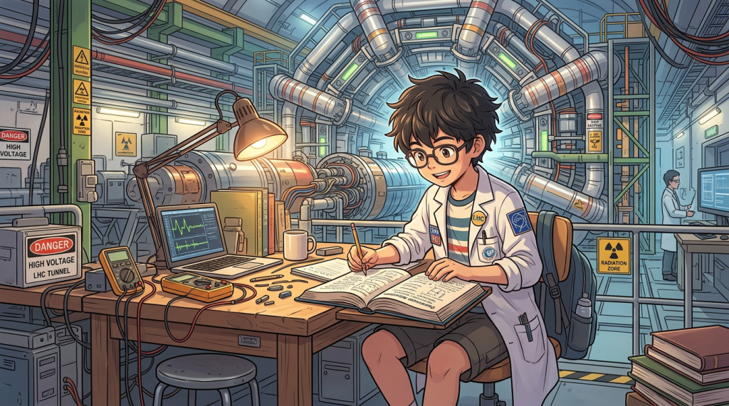 Young scientist in white lab coat writing in a notebook at a desk inside a particle accelerator tunnel