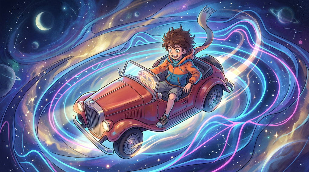 A boy driving a vintage car through a vibrant cosmic swirl with stars and planets