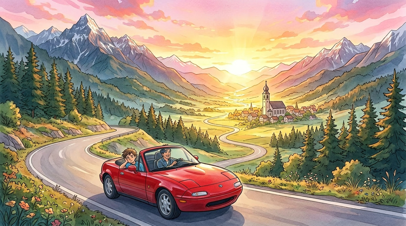 Father driving a red convertible with son waving in passenger seat on mountain road at sunset